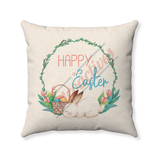 Happy Easter Bunny and Floral Wreath - Decorative Throw Pillow