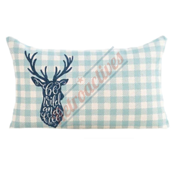 Reindeer Head Silhouette - Typography - Light Blue Plaid - Decorative Throw Pillow