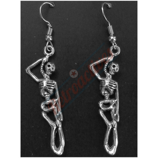 Halloween Skeleton Hanging From Noose - Silvertone -  Drop Earrings 