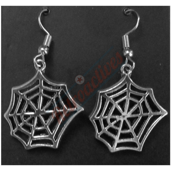 Halloween Hanging Spider Webs - Silvertone -  Drop Earrings 