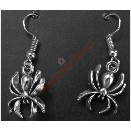 Halloween Hanging Spiders - Silvertone -  Drop Earrings 