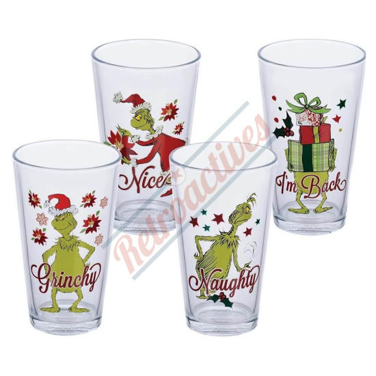 Dr. Suess Grinchmas Collectible Glasses Set - Grinchy, Naughty, Nice, I'm Back - Set of 4 Glasses - 16 Ounce 