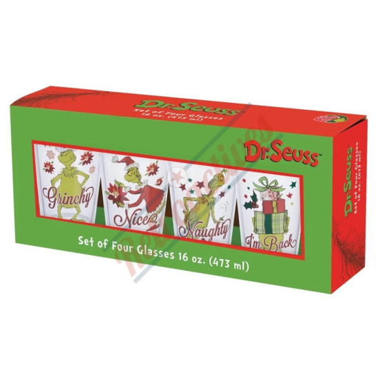 Dr. Suess Grinchmas Collectible Glasses Set - Grinchy, Naughty, Nice, I'm Back - Set of 4 Glasses - 16 Ounce 