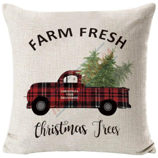 Farm Fresh Christmas Trees - Vintage Red And Black Tartan Plaid Truck - Decorative Throw Pillow