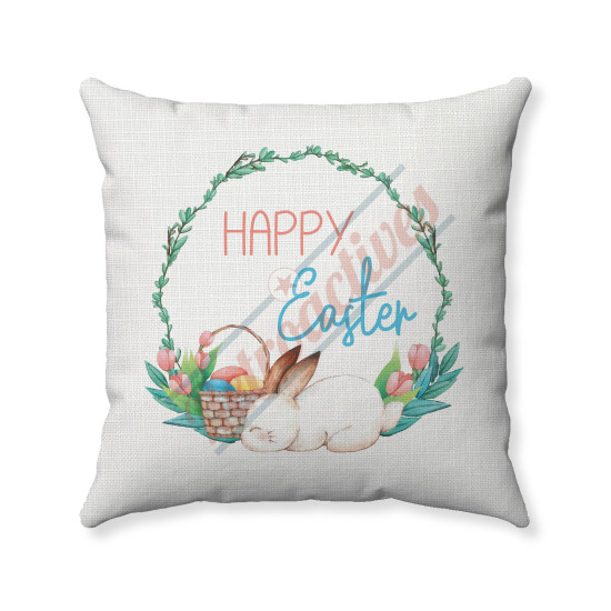 Happy Easter Bunny and Floral Wreath - White Fabric - Decorative Throw Pillow