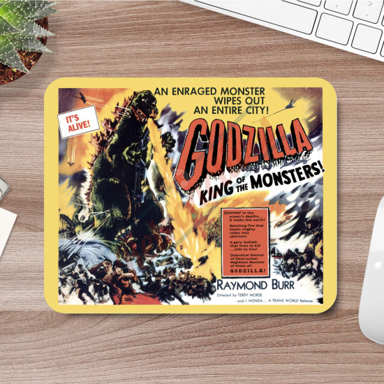 Godzilla Mouse Pad - 1956 Godzilla King of the Monsters Movie Poster Design - 9x8 Inch Mouse Pad