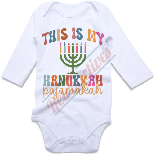 This Is My Hanukkah Pajamakah - Humorous Hanukkah Infant and Toddler Bodysuit - Cotton Onesie - Long Sleeve - Many Sizes This Is My Hanukkah Pajamakah - Humorous Hanukkah Infant and Toddler Bodysuit - Cotton Onesie - Long Sleeve - Many Sizes