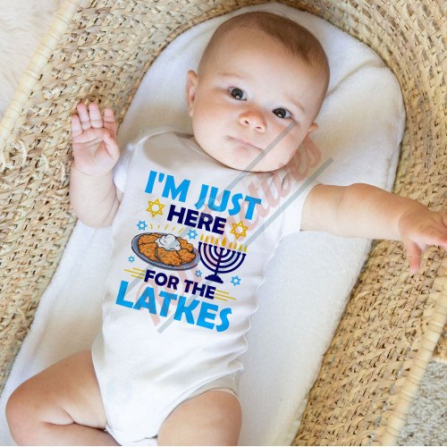 I'm Just Here For The Latkes - Humorous Hanukkah Infant and Toddler Bodysuit - Cotton Onesie - Short Sleeve - Many Sizes I'm Just Here For The Latkes - Humorous Hanukkah Infant and Toddler Bodysuit - Cotton Onesie - Short Sleeve - Many Sizes