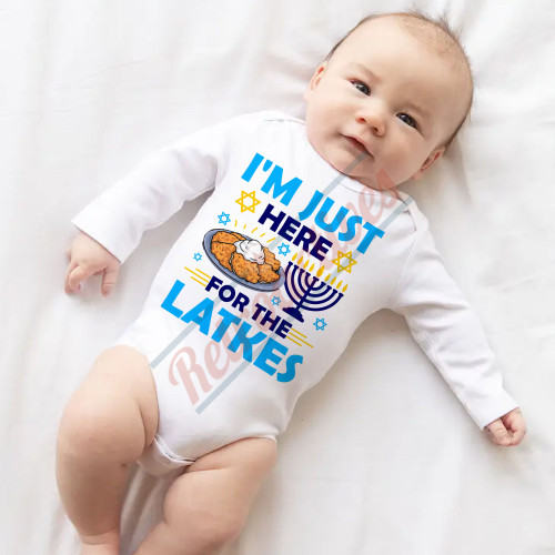 I'm Just Here For The Latkes - Humorous Hanukkah Infant and Toddler Bodysuit - Cotton Onesie - Long Sleeve - Many Sizes I'm Just Here For The Latkes - Humorous Hanukkah Infant and Toddler Bodysuit - Cotton Onesie - Long Sleeve - Many Sizes