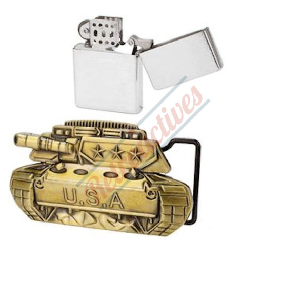 Mens Antiqued USA Tank Belt Buckle With Removable Lighter