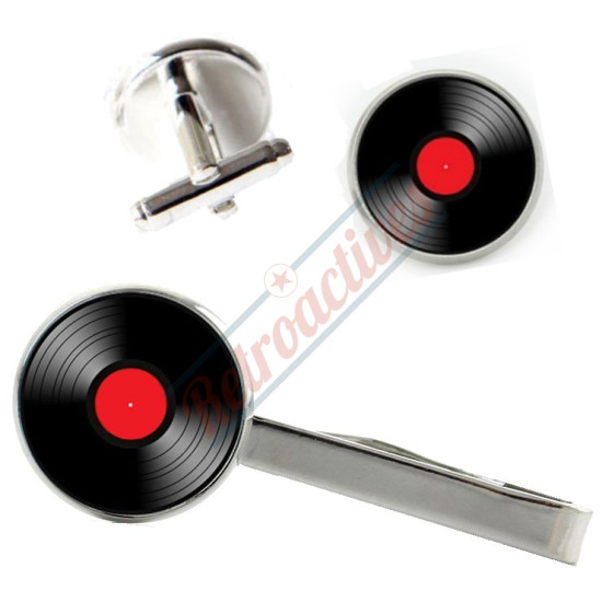 Vinyl Record Tie Clip and Cuff Links Set-Red