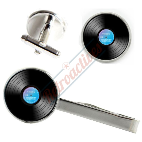 Vinyl Record Tie Clip and Cuff Links Set-Blue