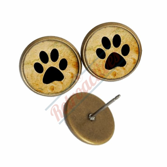 Glass Cabochon Paw Print Bronzed Finish Handmade Earrings