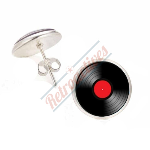Glass Cabochon Vinyl Record Earrings Handmade-Red Glass Cabochon Vinyl Record Earrings Handmade-Red