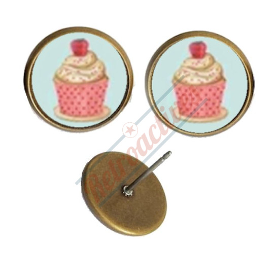 Glass Cabochon Antiqued Bronze Finish Cupcake Earrings Handmade  