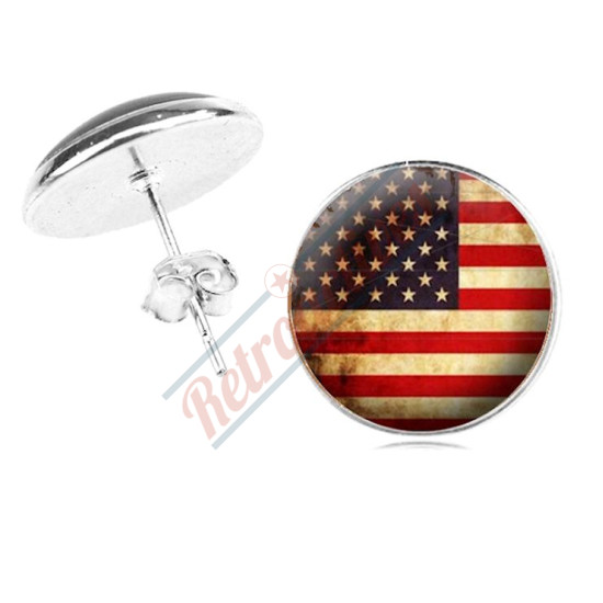 Glass Cabochon Patriotic American Flag Silver Finish Handmade Earrings
