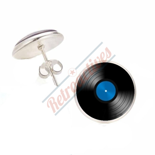 Glass Cabochon Vinyl Record Earrings Handmade-Blue Glass Cabochon Vinyl Record Earrings Handmade-Blue