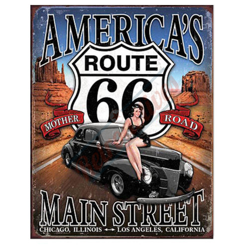 Route 66 America's Main Street Vintage Tin Sign  Route 66 America's Main Street Vintage Tin Sign