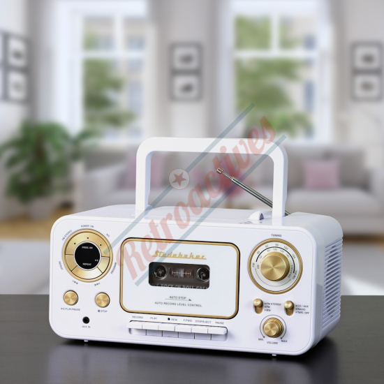 Studebaker Retro Portable CD Player-AM/FM Radio-Cassette Player-White and Gold