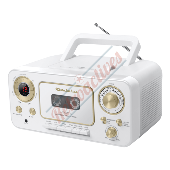 Studebaker Retro Portable CD Player-AM/FM Radio-Cassette Player-White and Gold
