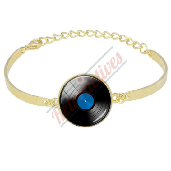 Ladies Glass Cabochon Vinyl Record Bracelet-Gold Tone