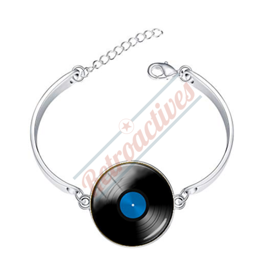 Ladies Glass Cabochon Vinyl Record Bracelet-Silver Tone