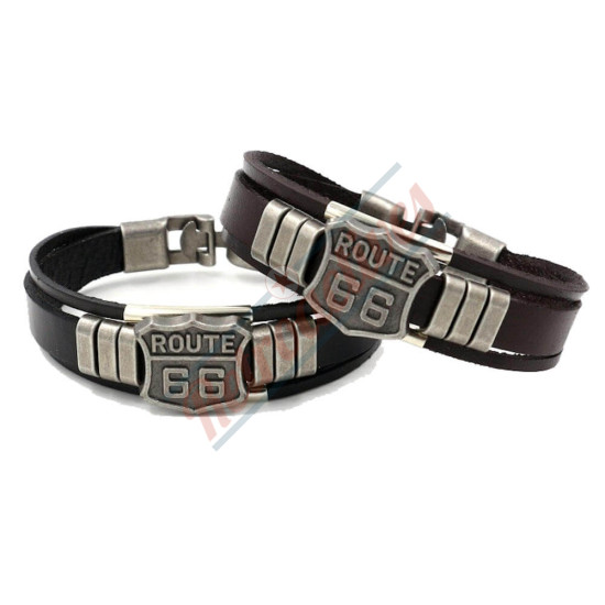 Route 66 Sign Leather Band Bracelet