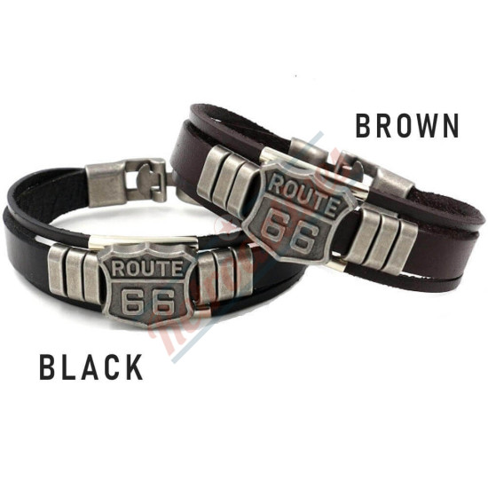 Route 66 Sign Leather Band Bracelet