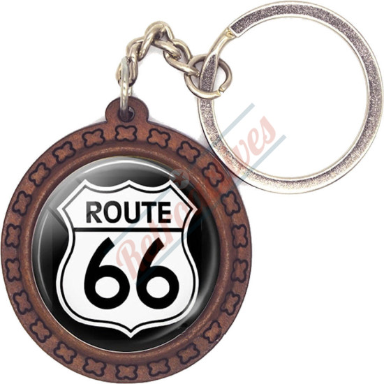 Route 66 Highway Road Sign Wood and Glass Cabochon Key Chain