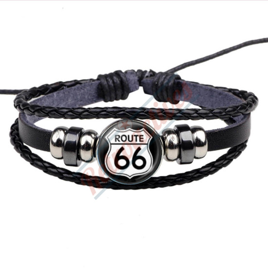 Route 66 Glass Cabochon  Woven Leather Band Bracelet