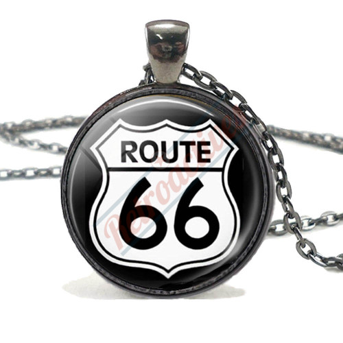 Route 66 Highway Road Sign Pendant Necklace-Black  Route 66 Highway Road Sign Pendant Necklace-Black