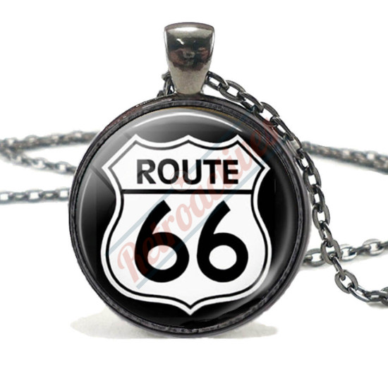 Route 66 Highway Road Sign Pendant Necklace-Black 