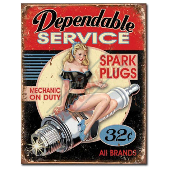 Dependable Service Spark Plug Pin-Up Girl Tin Sign