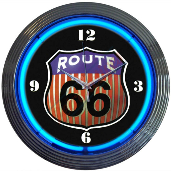 Route 66 Highway Sign Blue Neon Clock