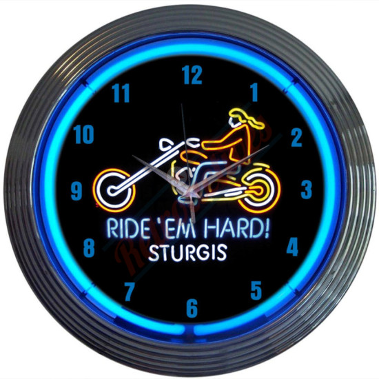 Ride 'Em Hard! Sturgis Motorcycle Blue Neon Clock