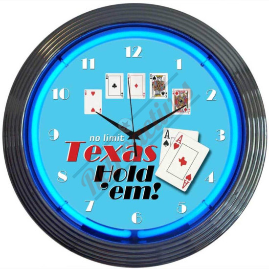 Texas Hold 'Em! No Limit Blue Neon Clock