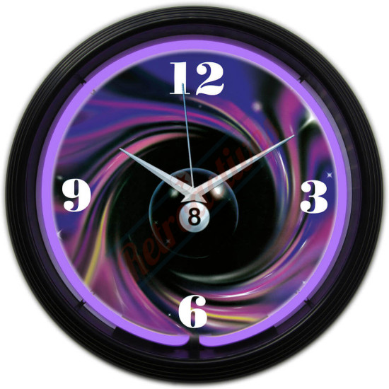 Pool and Billiards Eight Ball Swirl Purple Neon Clock