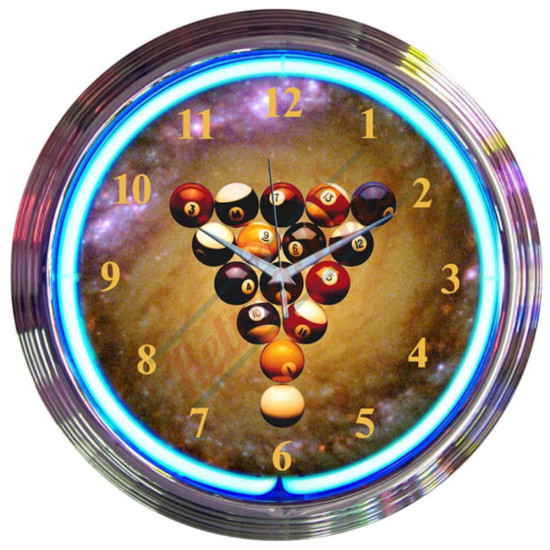 Pool and Billiards Space Balls Blue Neon Clock