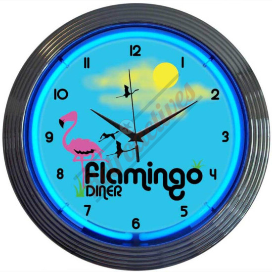 Flamingo Diner Blue Neon Clock