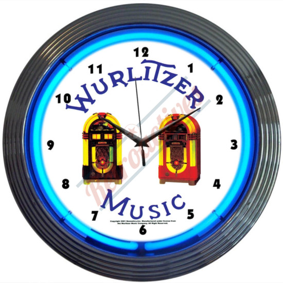 Wurlitzer Music Jukeboxes Blue Neon Clock
