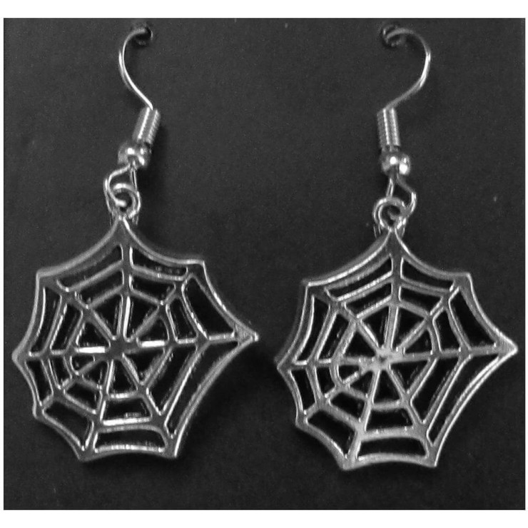 Halloween Spider and Spiderweb Long Dangle Silvertone Earrings 