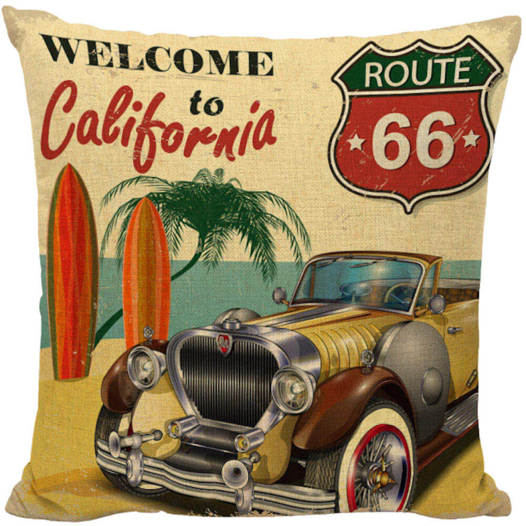 Vintage Roadster Welcome to California Route 66 Decorative Pillow |  Retroactives.com
