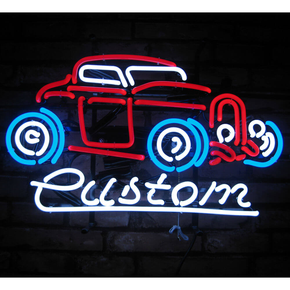 Neon Sign has bright red, white and blue neon vintage hot rod style coupe w...